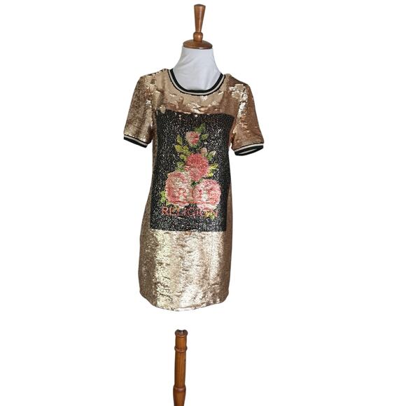 NWOT True Religion rOSE gOLD fLOWER Sequin Shift Dress XS - Picture 5 of 9